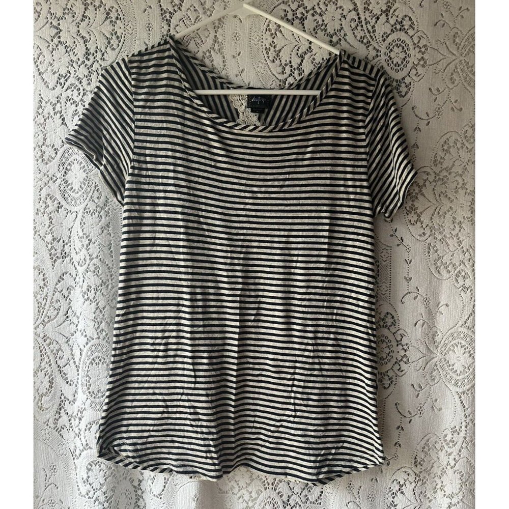 Daytrip Designer Striped Gray‎ Navy Blue Shirt Partial Open Lace Back SS Med